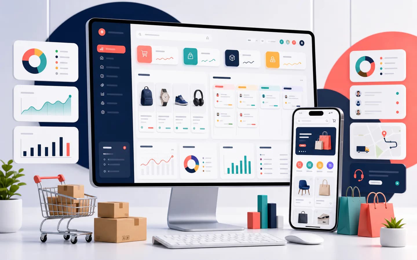 eCommerce operations dashboard with orders inventory vendor panel and mobile commerce interface