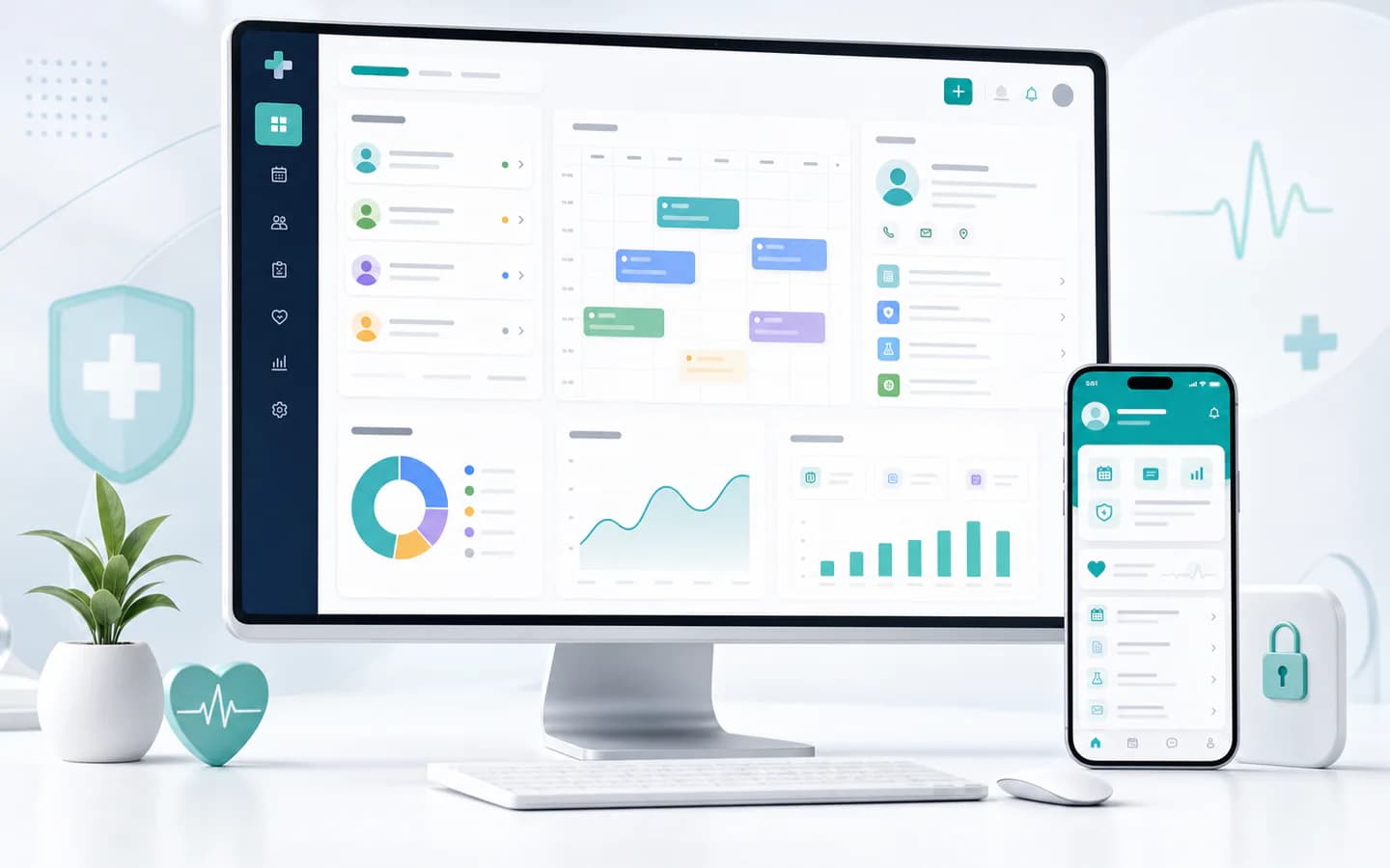 Healthcare software dashboard with clinic operations and mobile patient portal interface