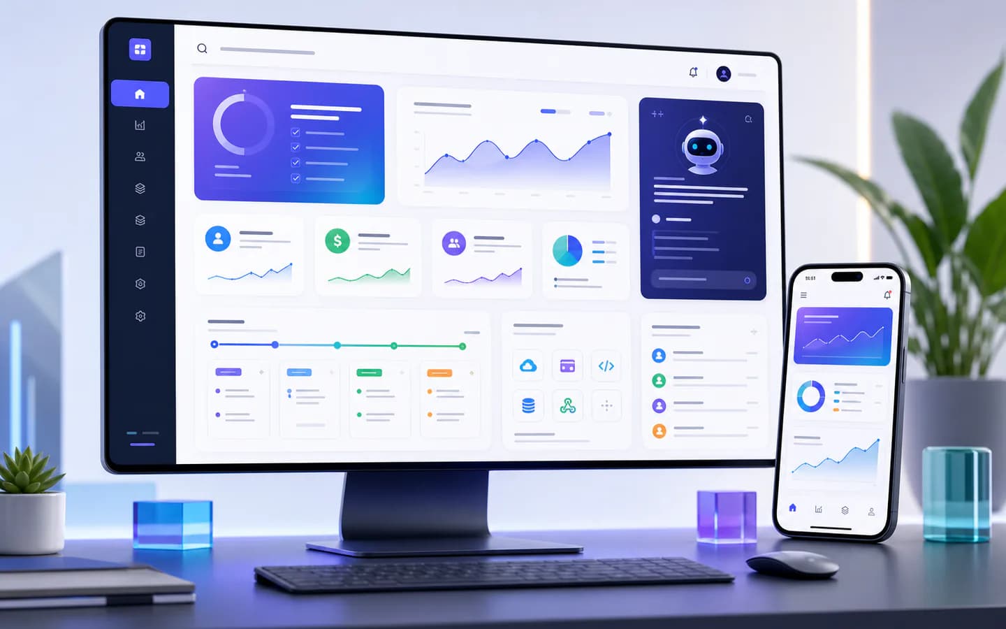 SaaS startup dashboard with analytics billing AI assistant and mobile admin interface