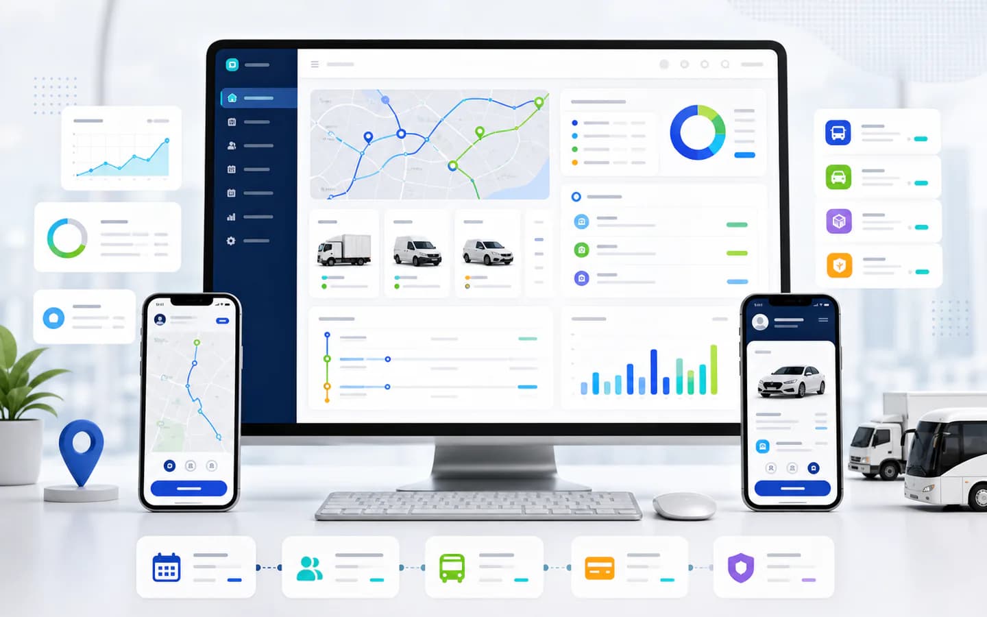 Travel and transport dashboard with booking dispatch route map and mobile app interface