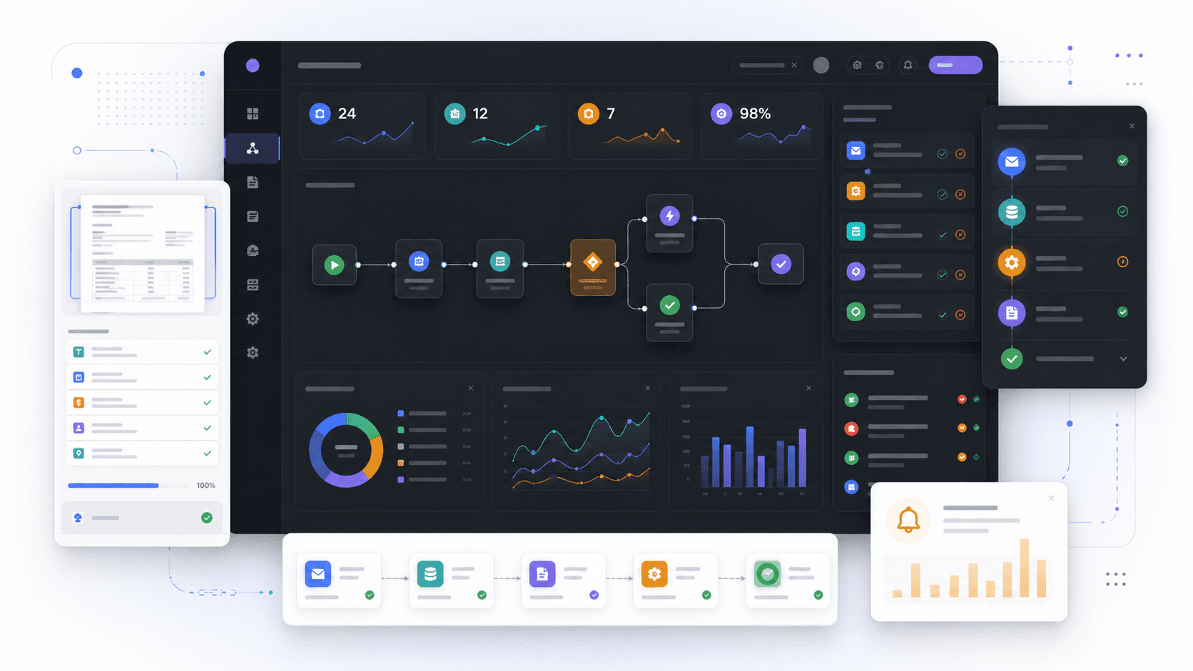AI workflow automation dashboard for connected approvals, CRM sync, document handling, and reporting