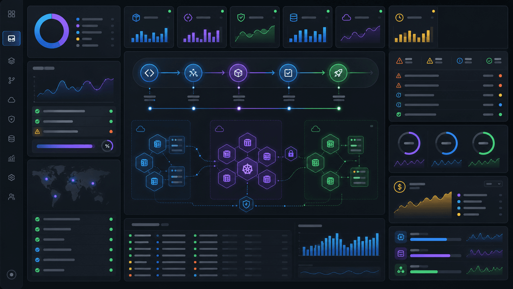 DevOps and cloud dashboard with CI/CD pipeline, Kubernetes, monitoring, logs, security checks, backups, and cost controls