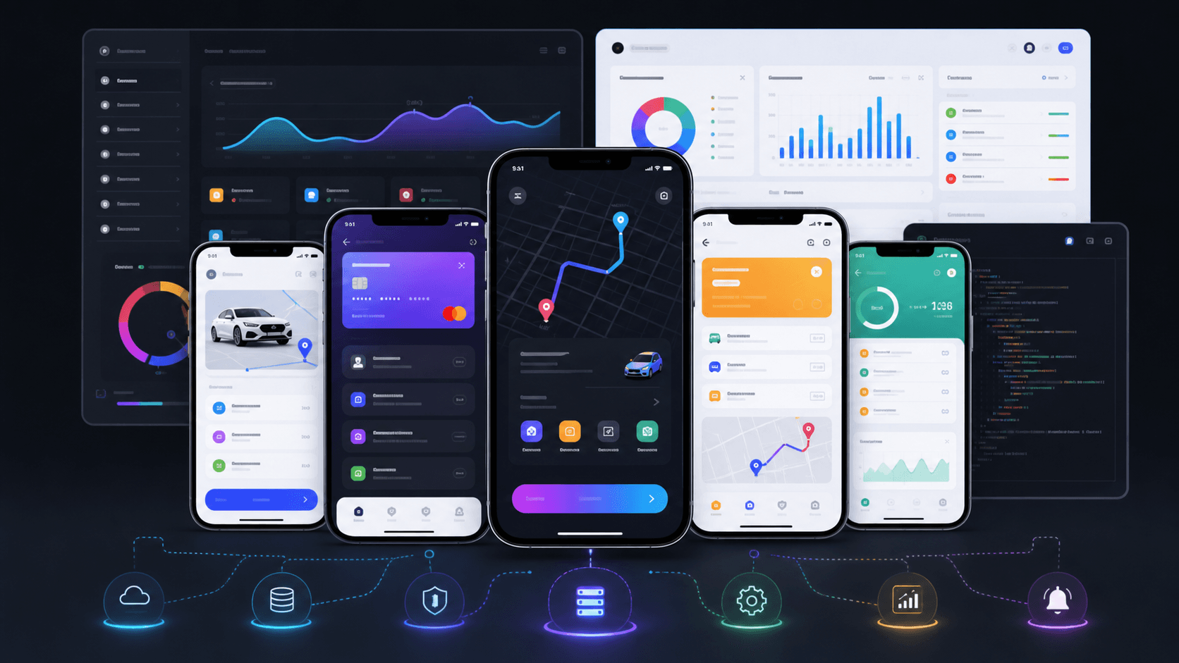 Mobile app development visual with iOS and Android screens, maps, payments, notifications, backend, and analytics