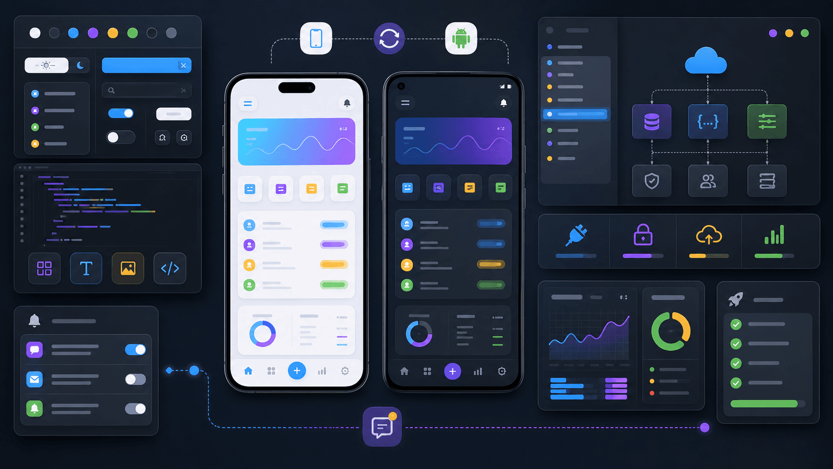 React Native app development visual with iOS and Android screens, shared components, APIs, notifications, and release checks