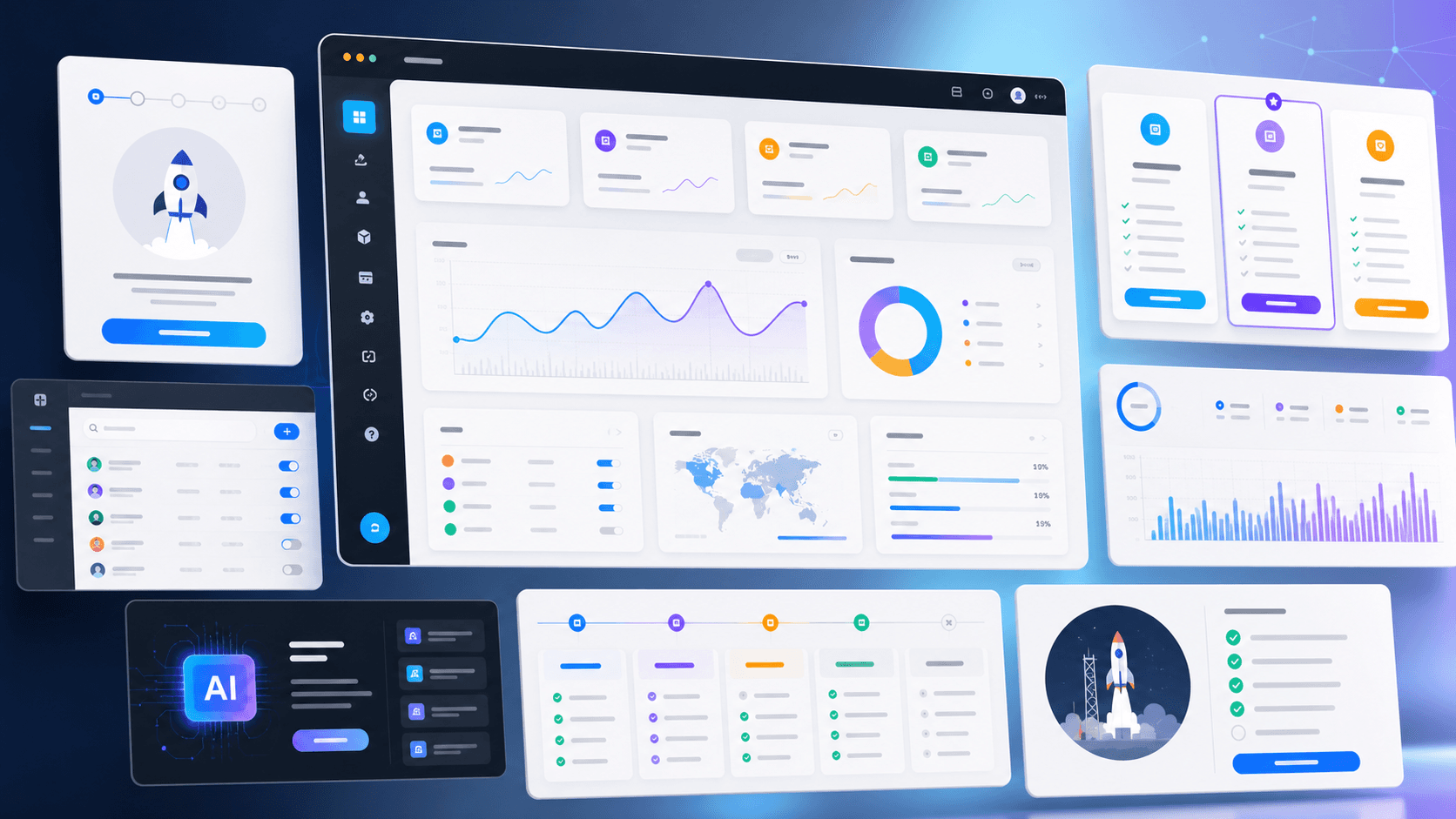 SaaS platform interface with admin controls, subscriptions, analytics, roadmap, and product workflows