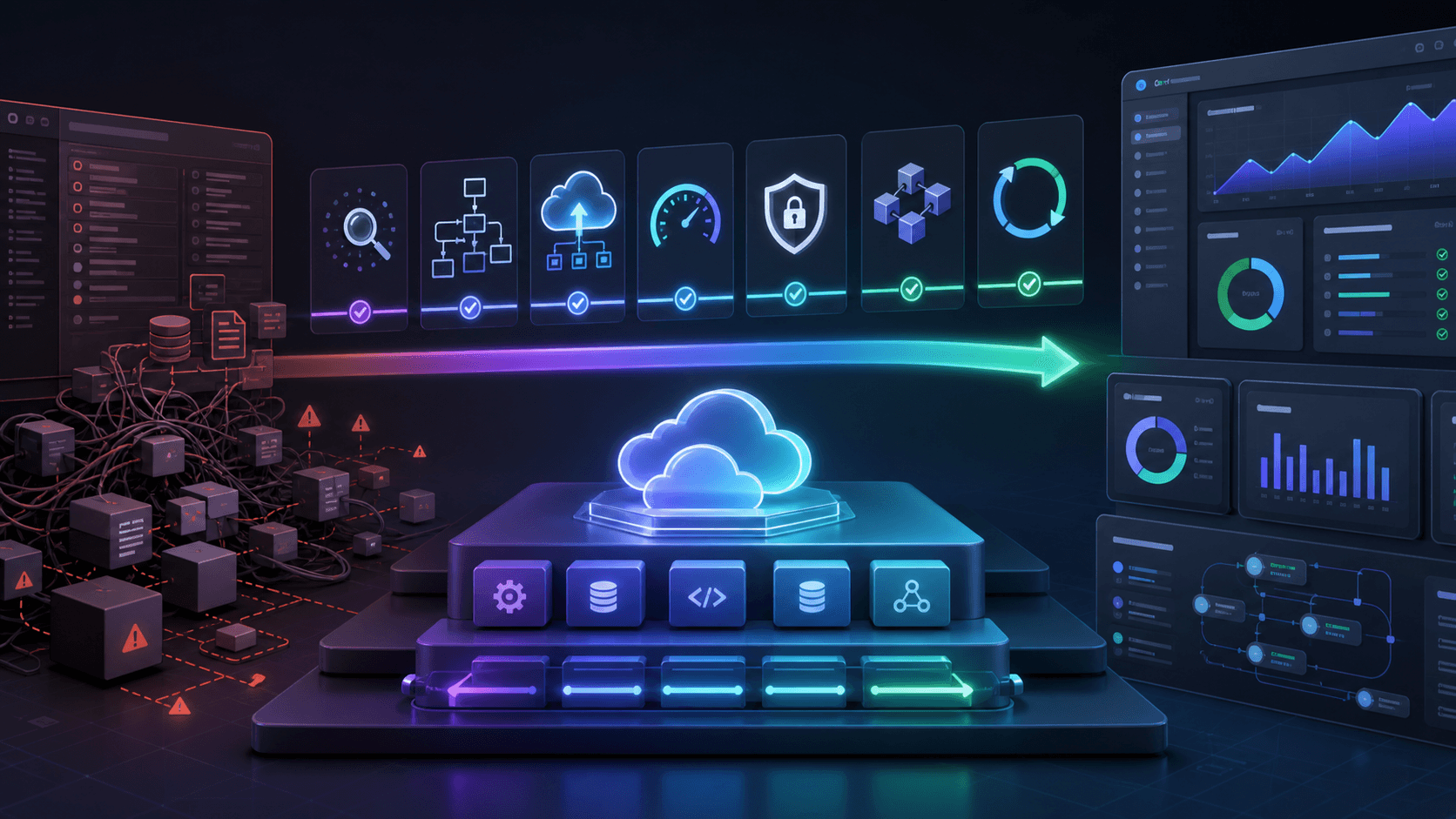 Software modernization roadmap with legacy system cleanup, cloud migration, security, performance, APIs, and dashboard refresh
