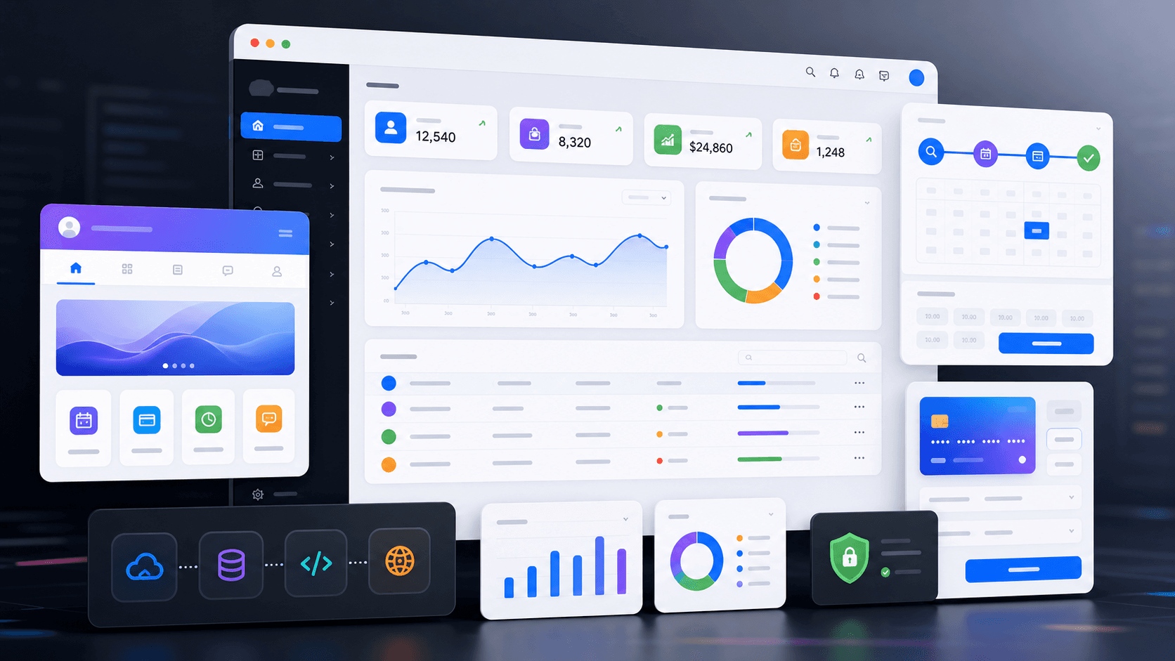 Web application dashboard with admin panels, client portal, booking workflow, payments, APIs, and reporting
