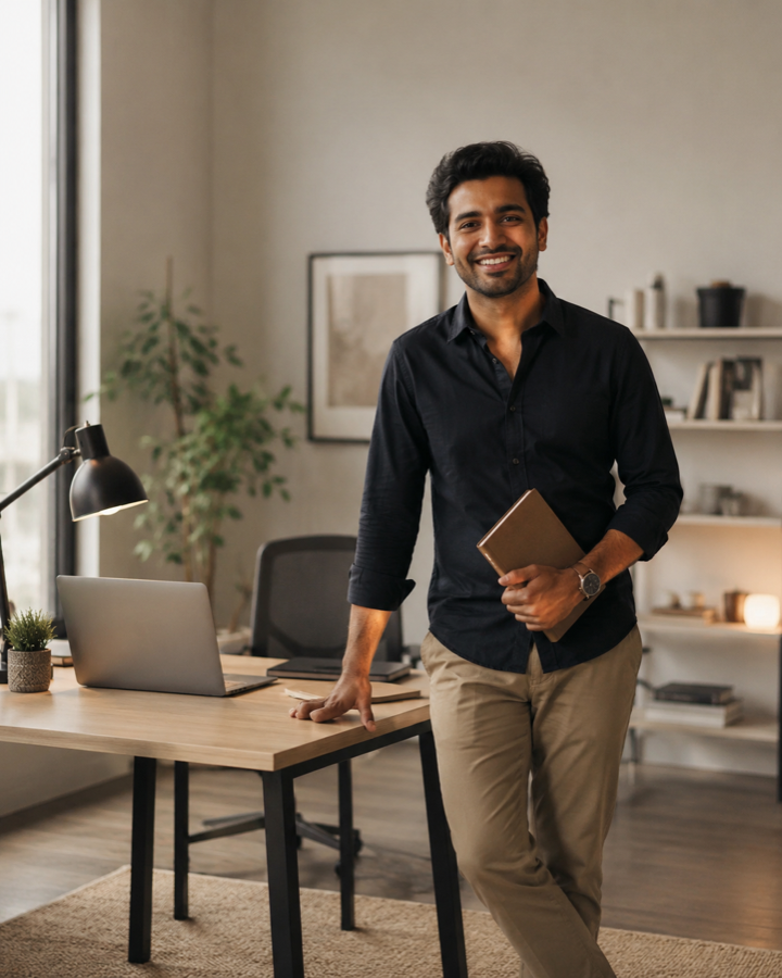 Product lead standing in an office with a planning notebook